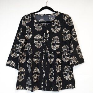 Fun Flowy Black and Leopard Print Skulls Blouse - Fashion Forward Goth Shirt